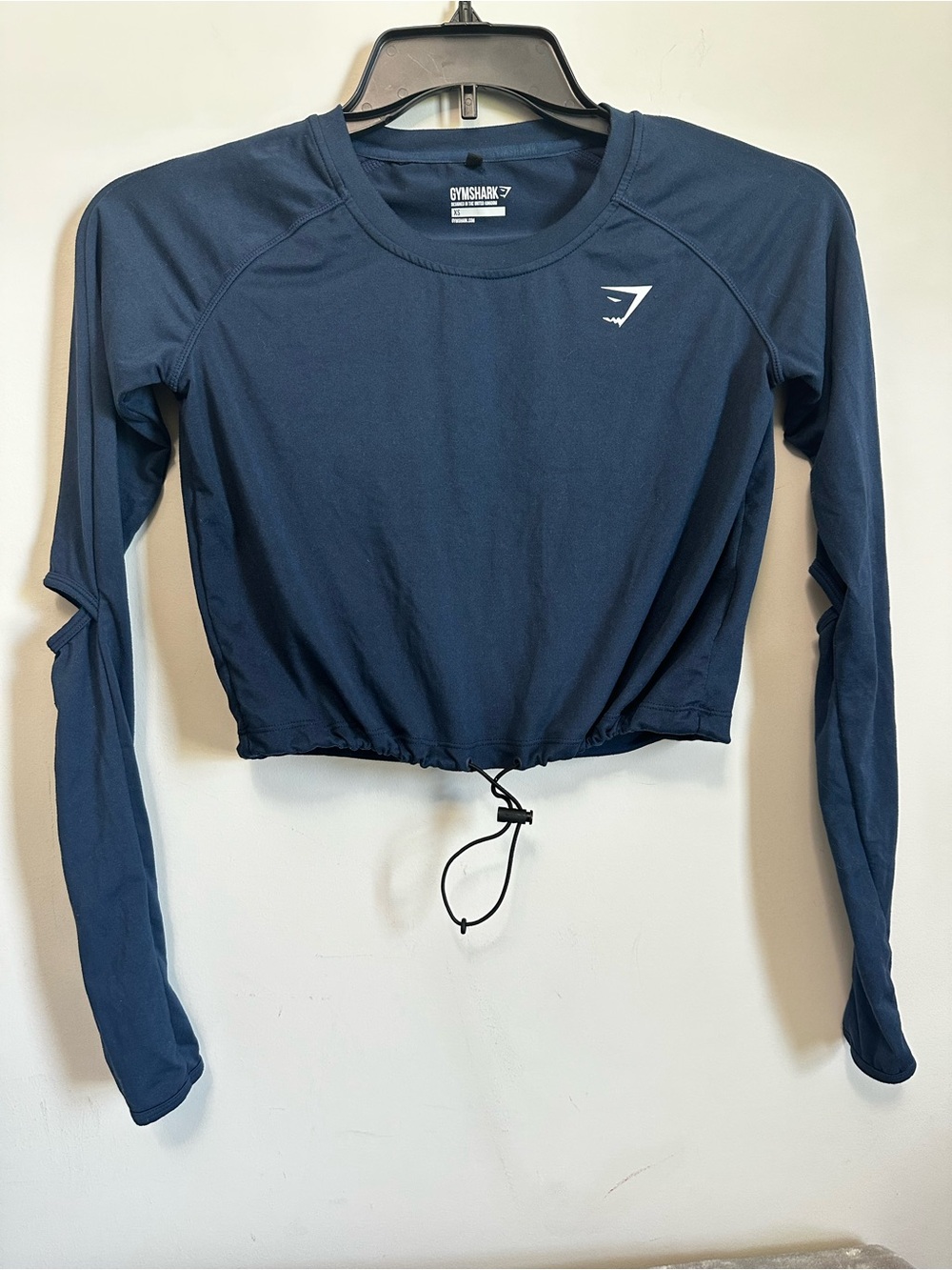 Gymshark navy blue long-sleeve crop top, drawstring hem & elbow cutouts